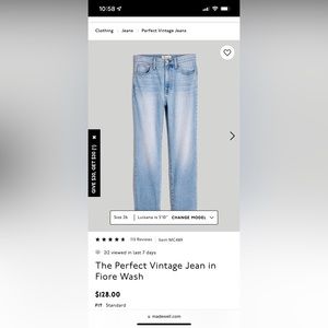 Madewell “The Perfect Vintage Jean” in Fiore Wash. 29 tall. Brand new.